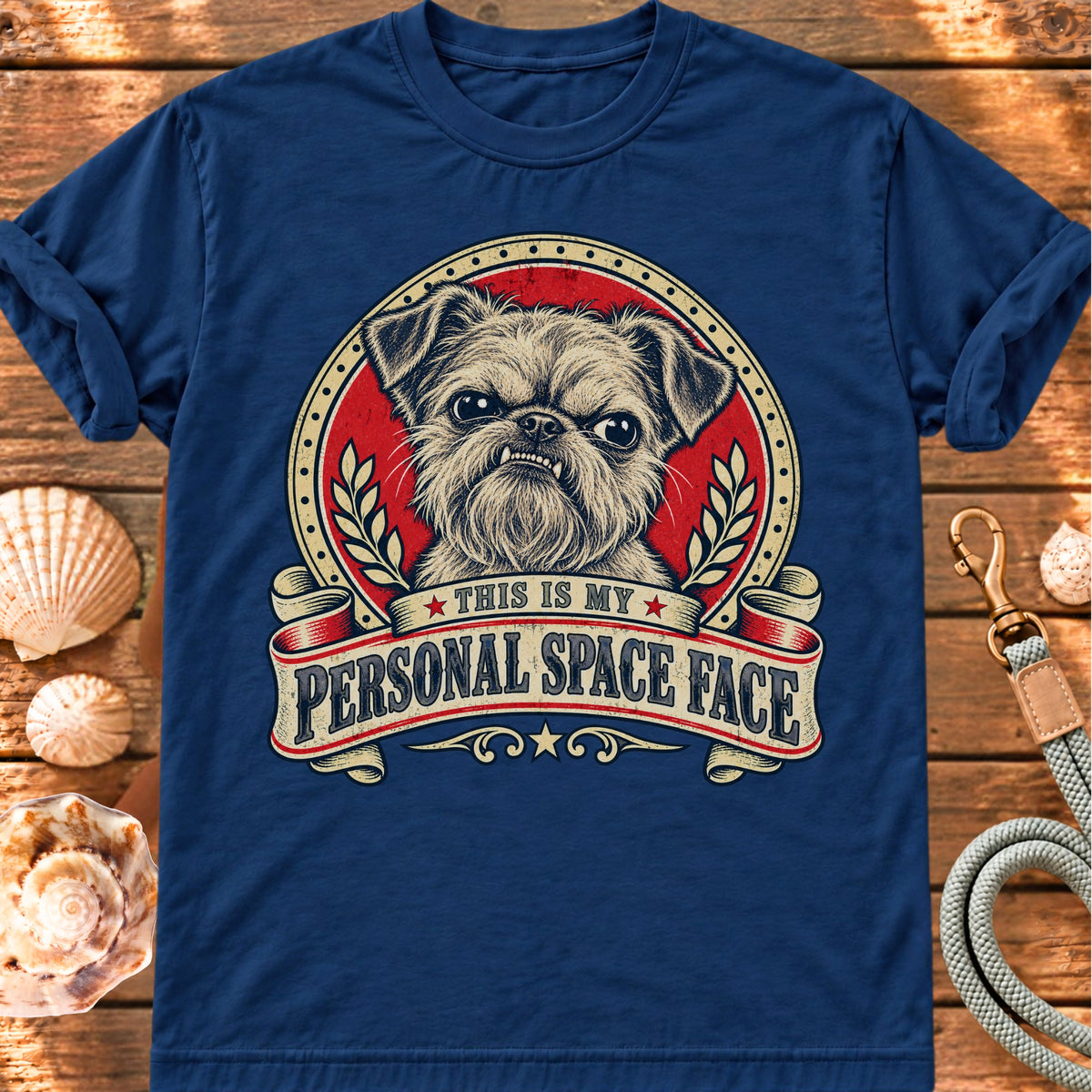 True Navy T-shirt with the Bruxelles Griffon “This is my personal space face” badge, laid on wood beside seashells and a dog lead.