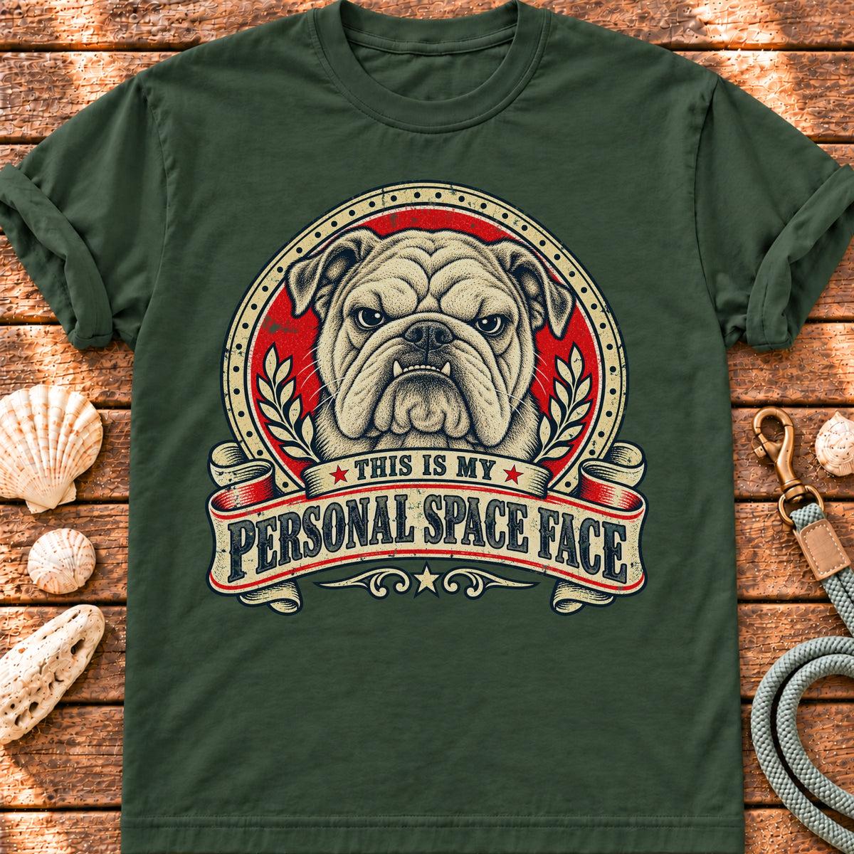 Moss T-shirt with the Bulldog “This is my personal space face” badge, laid on wood beside seashells and a dog lead.