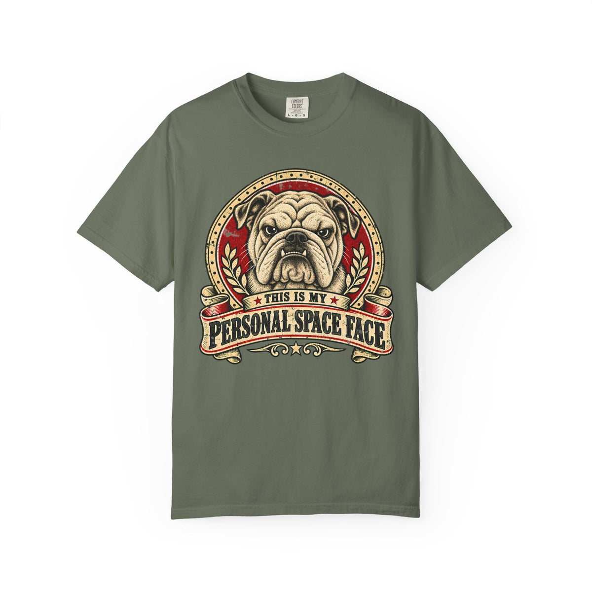 Front of a Moss T-shirt with a vintage red-and-cream Bulldog “This is my personal space face” badge.