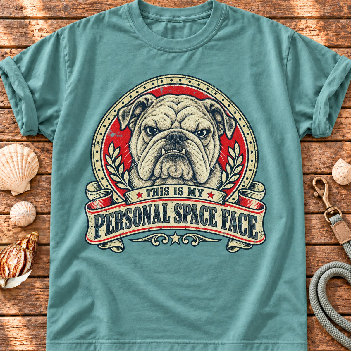 Seafoam T-shirt with the Bulldog “This is my personal space face” badge, laid on wood beside seashells and a dog lead.