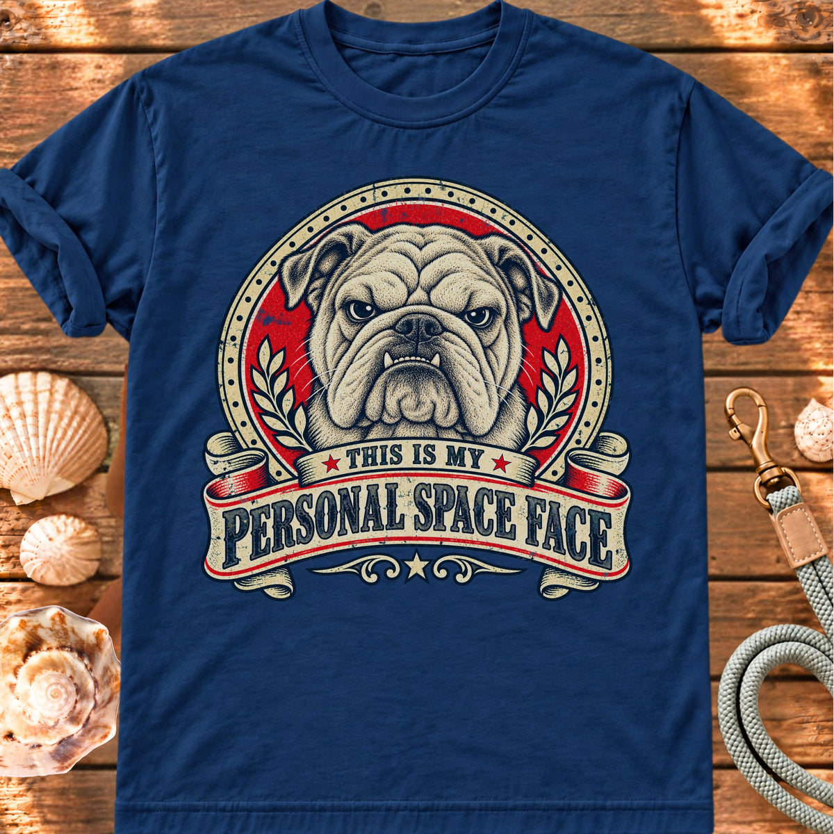 True Navy T-shirt with the Bulldog “This is my personal space face” badge, laid on wood beside seashells and a dog lead.