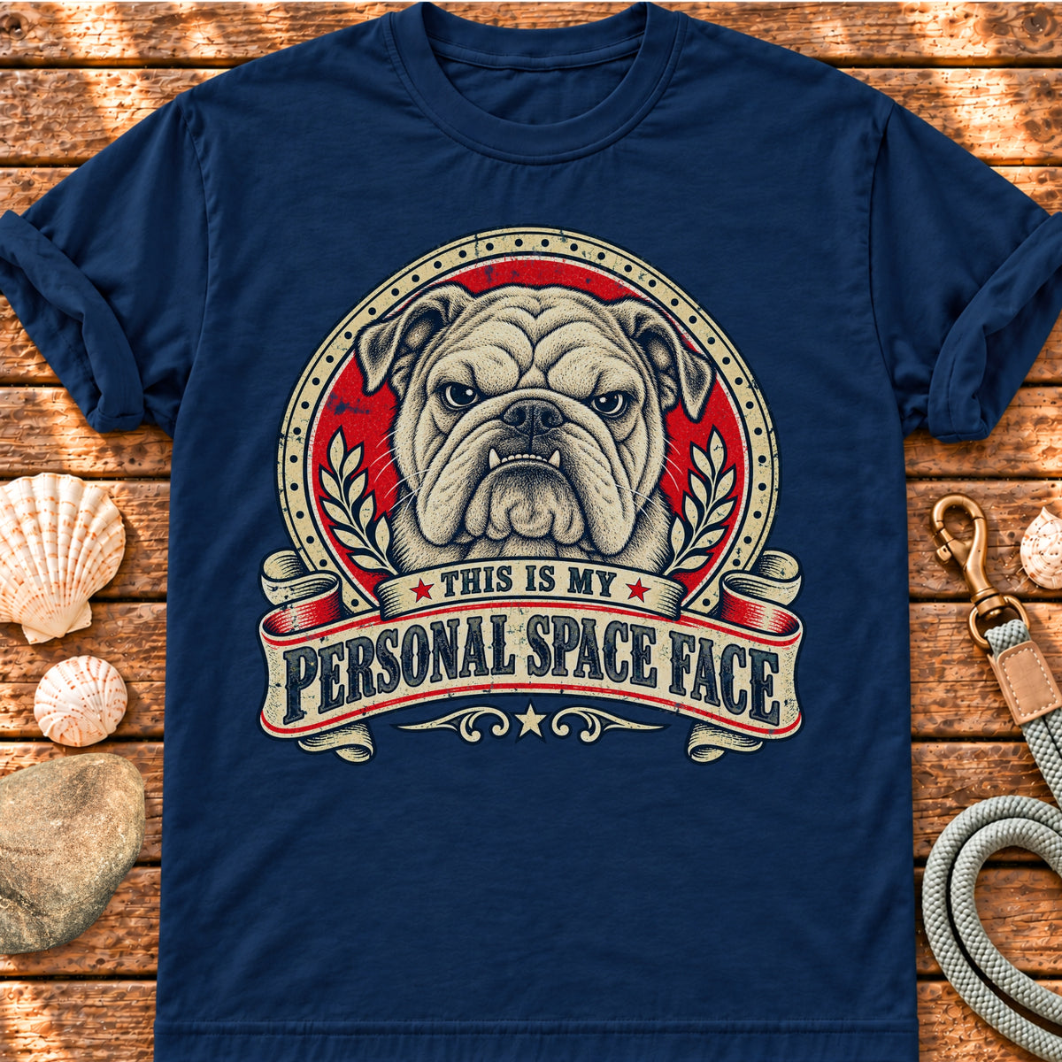 True Navy T-shirt with the Bulldog “This is my personal space face” badge, laid on wood beside seashells and a dog lead.