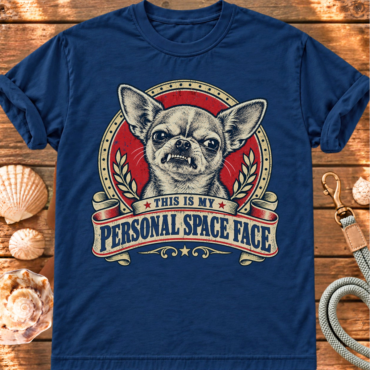 True Navy T-shirt with the Chihuahua “This is my personal space face” badge, laid on wood beside seashells and a dog lead.