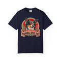 Front of a True Navy T-shirt with a vintage red-and-cream Collie “This is my personal space face” badge.