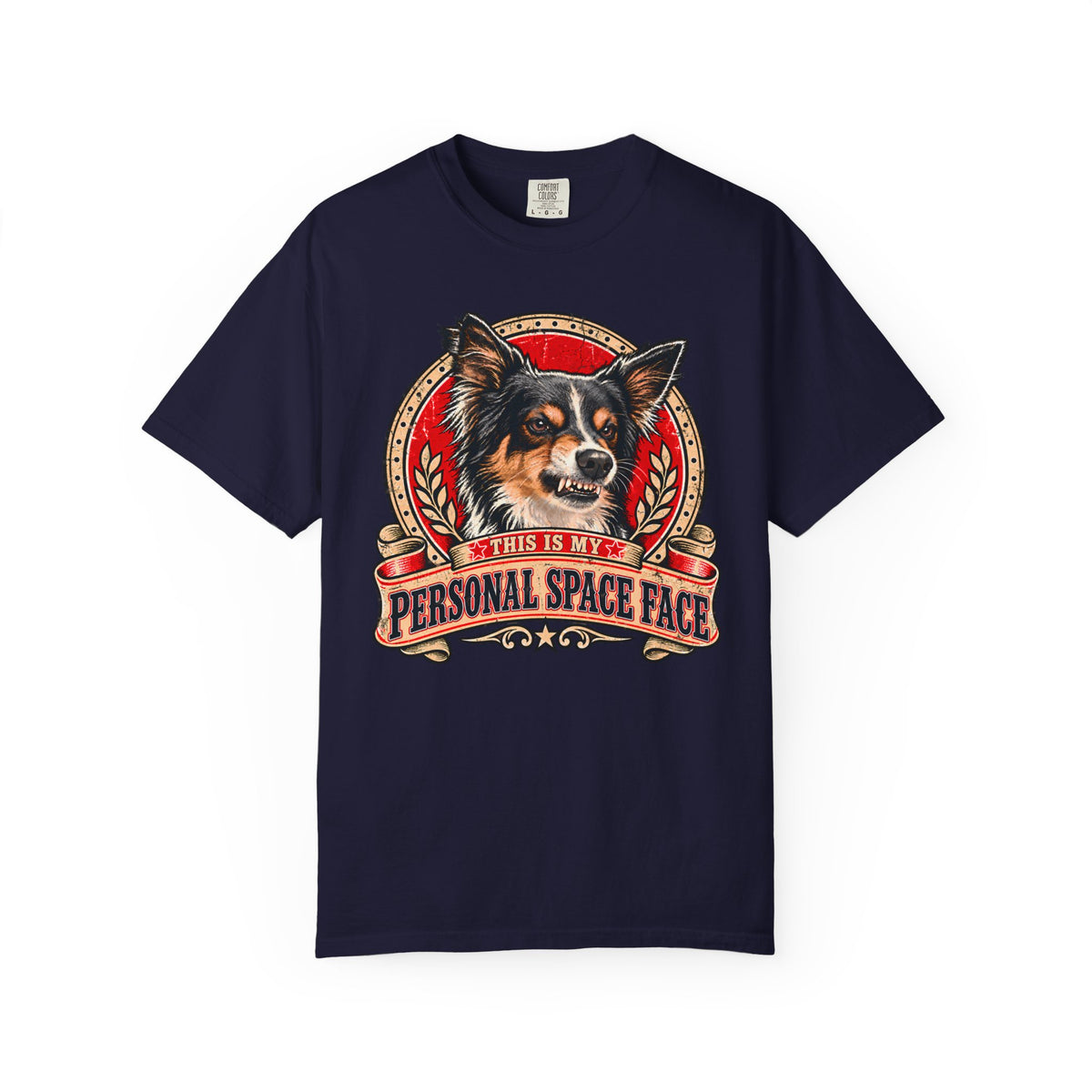Front of a True Navy T-shirt with a vintage red-and-cream Collie “This is my personal space face” badge.