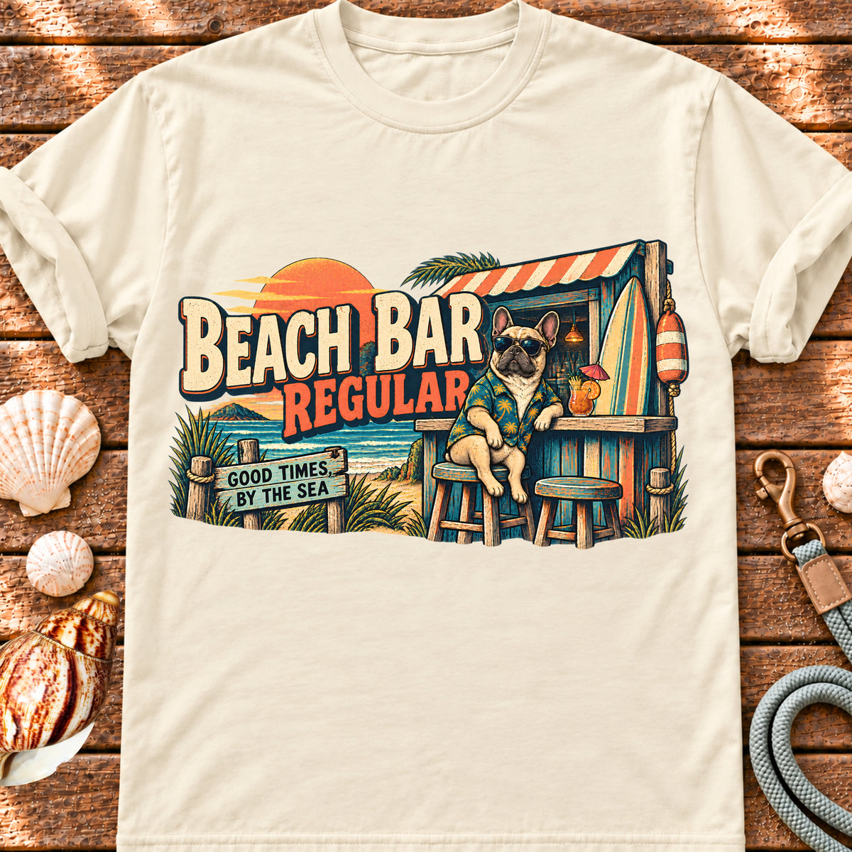 Beach Bar Regular French Bulldog coastal graphic T-shirt