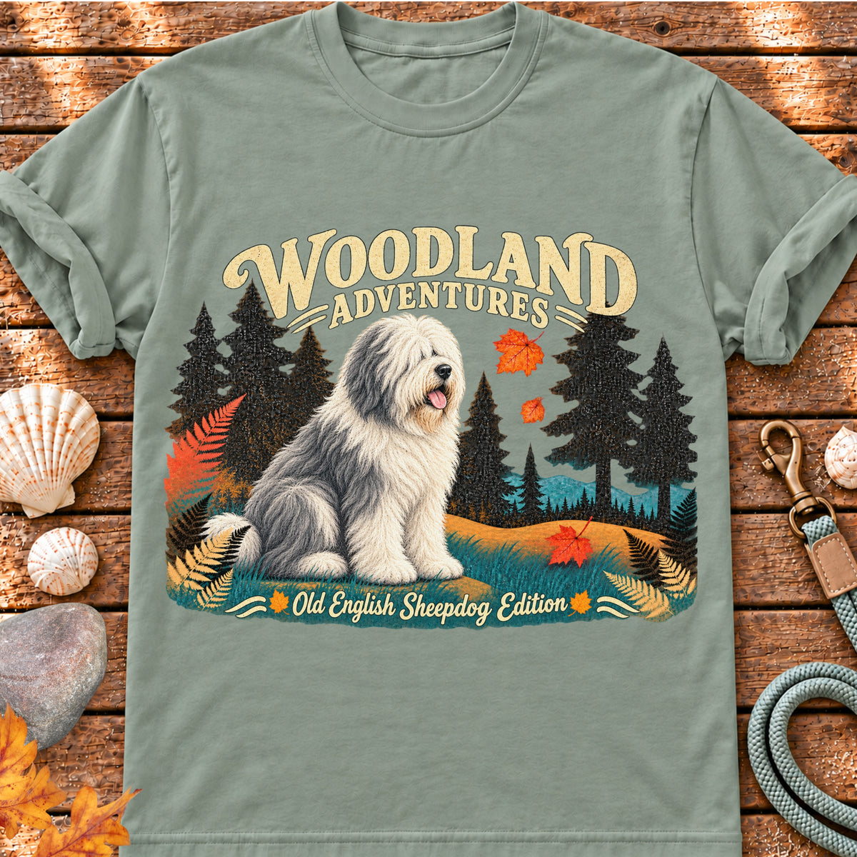 Woodland Adventures – Old English Sheepdog Edition graphic T-shirt