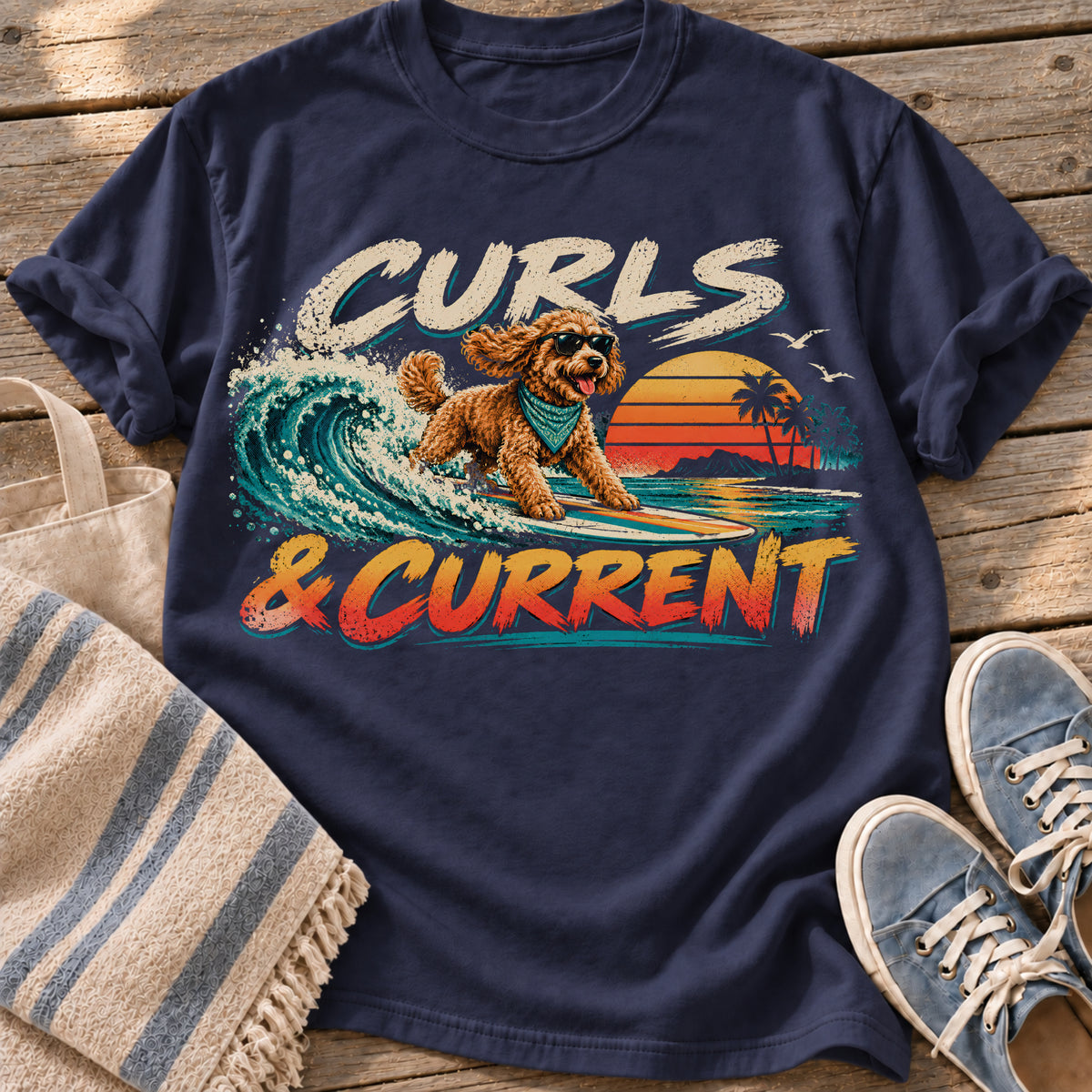 Curls and Current – Surf Cockerpoo graphic T-shirt