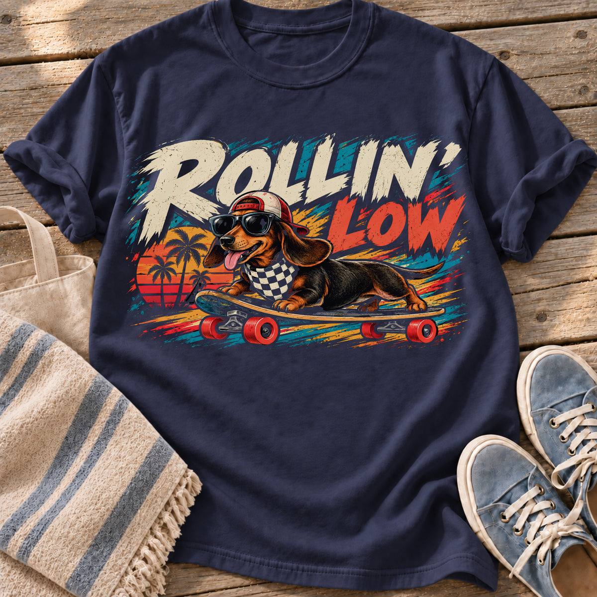 Rollin' Low – Skater Dachshund graphic T-shirt