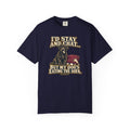 Front of a True Navy T-shirt with a vintage black Labrador beside a chewed sofa and “I’d stay and chat” lettering print.