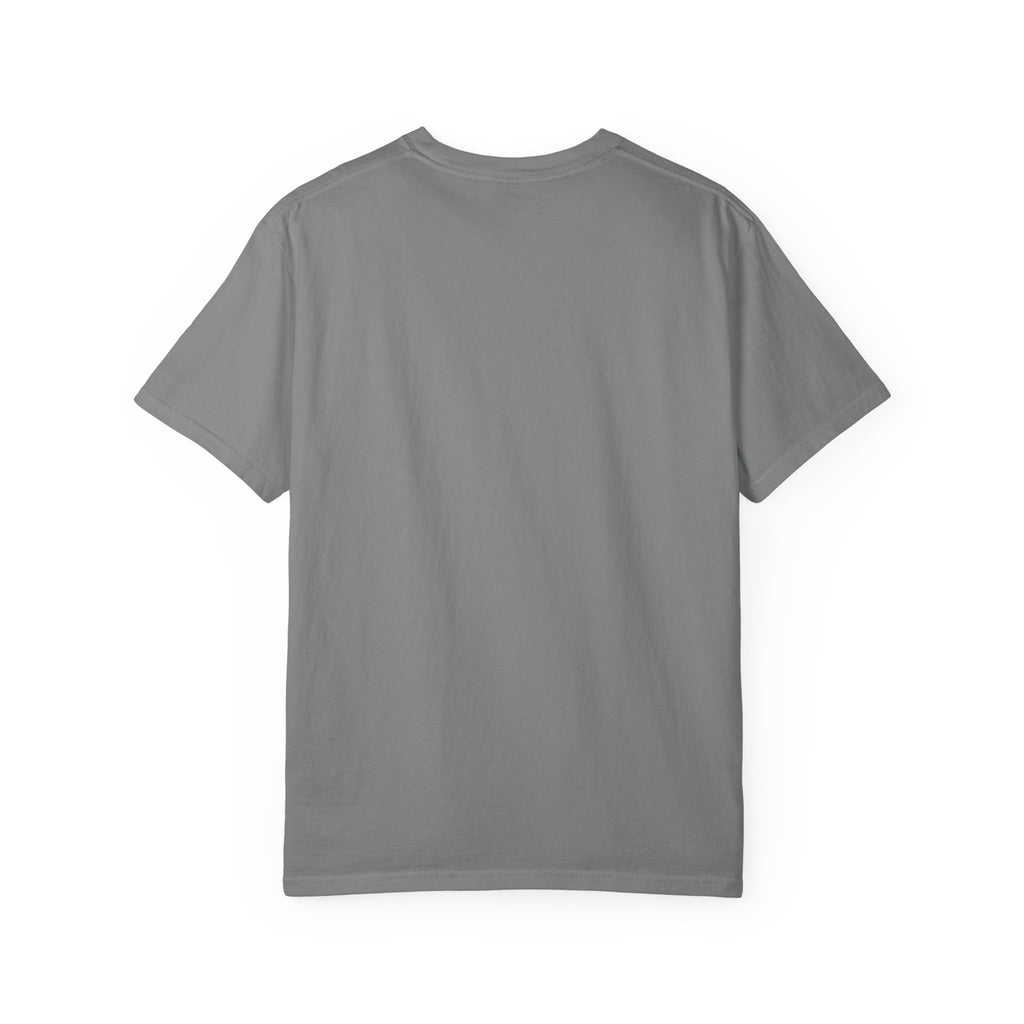 Plain back of the Grey Stay and Chat Terrier T-shirt.